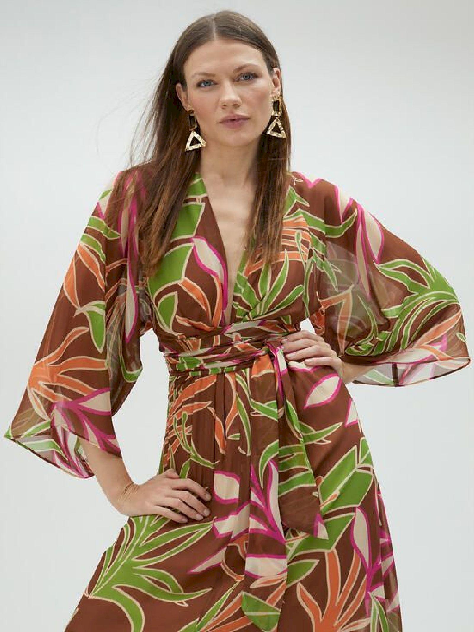 Abito lungo kimono con stampa foglie MS2516021 256 MAITE