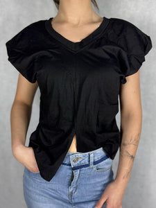 T- shirt scollo a V con manica a sbuffo