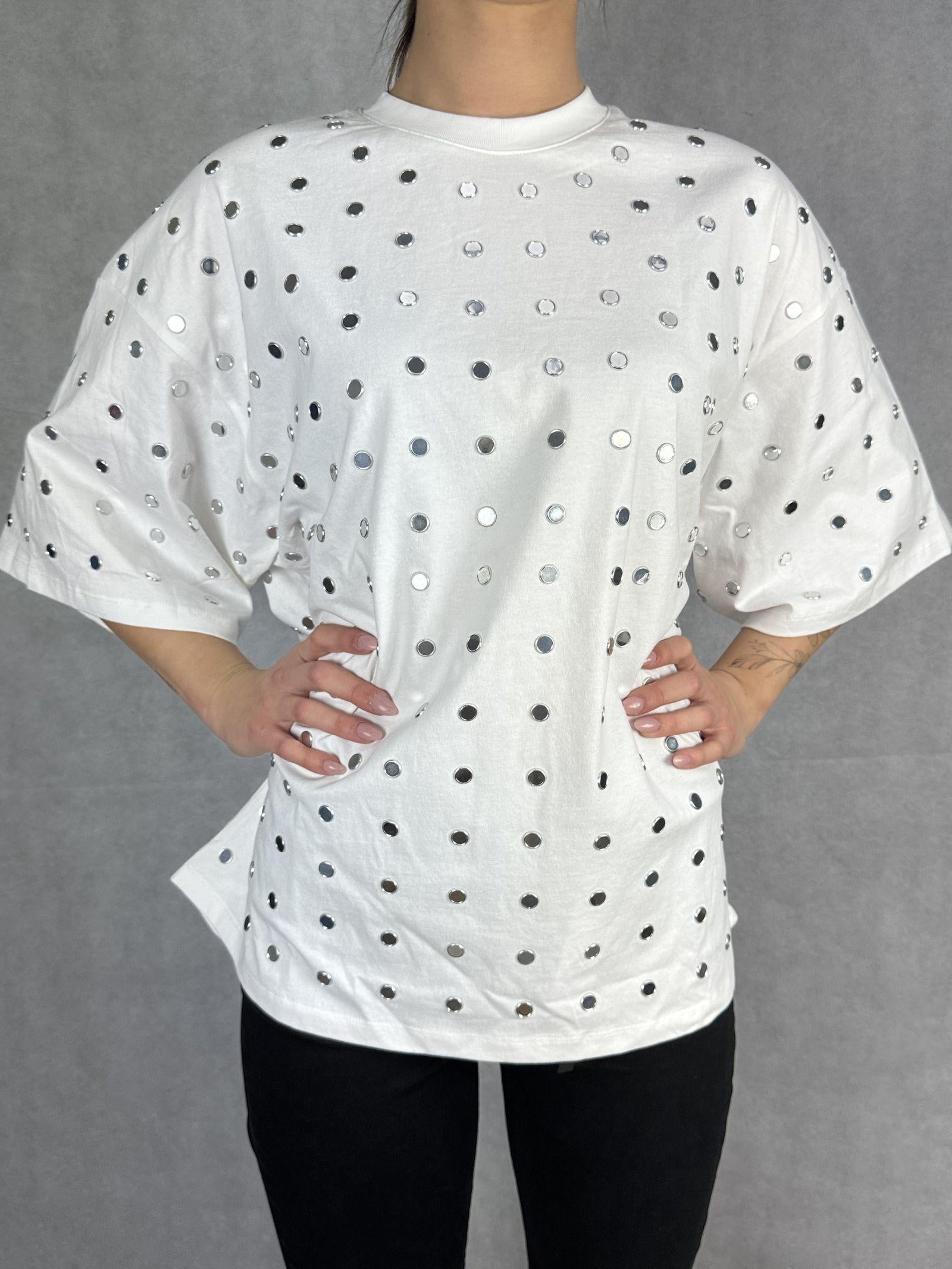 T- shirt mezze maniche con specchietti LC240339 BIANCO OFELIA