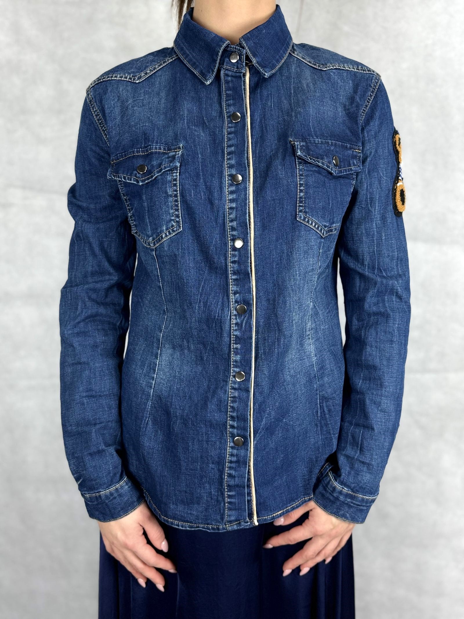 Camicia denim lavaggio scuro con orsetto 220102JC760ORSETTO DENIM OFELIA 