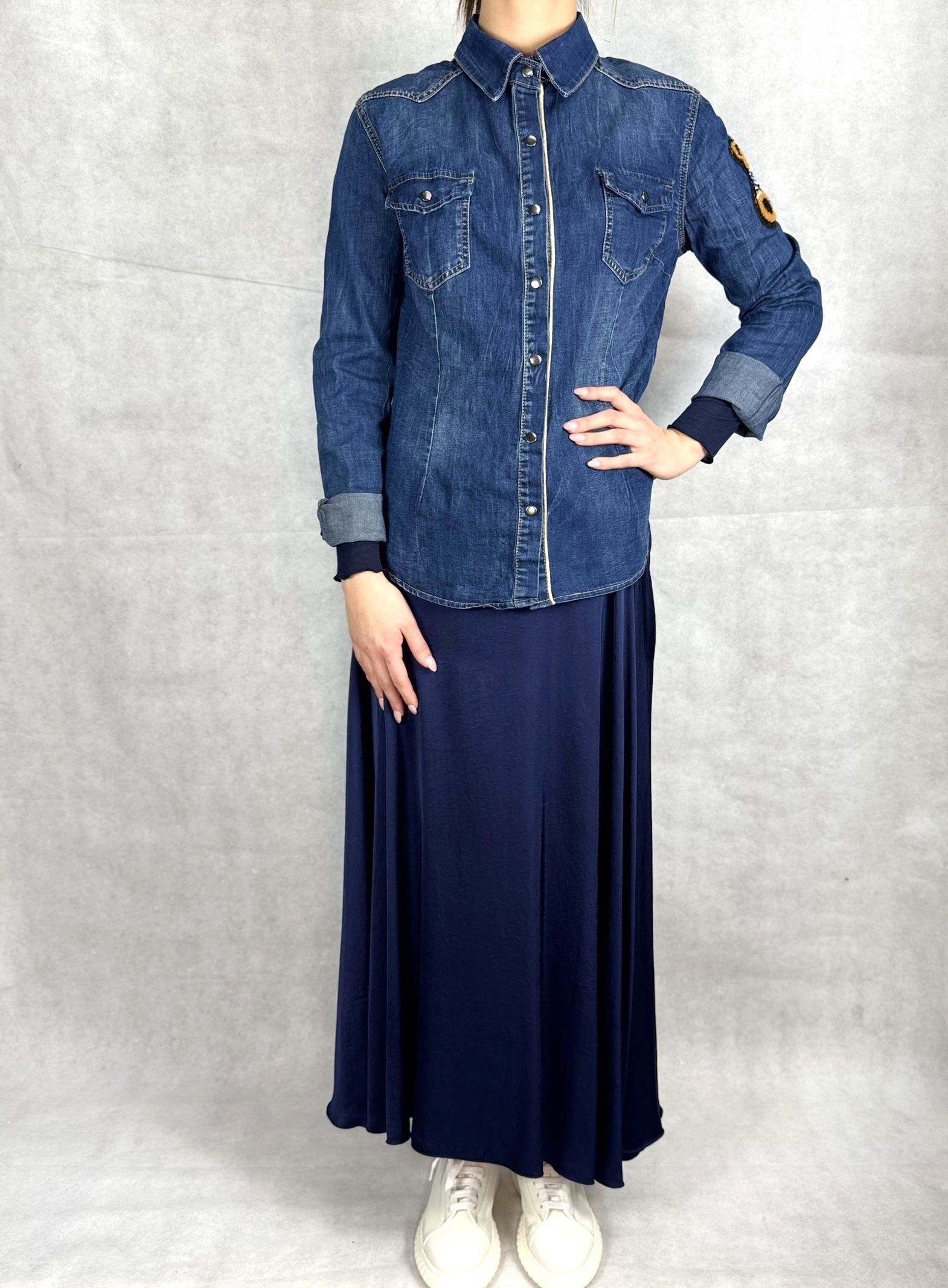 Camicia denim lavaggio scuro con orsetto 220102JC760ORSETTO DENIM OFELIA 