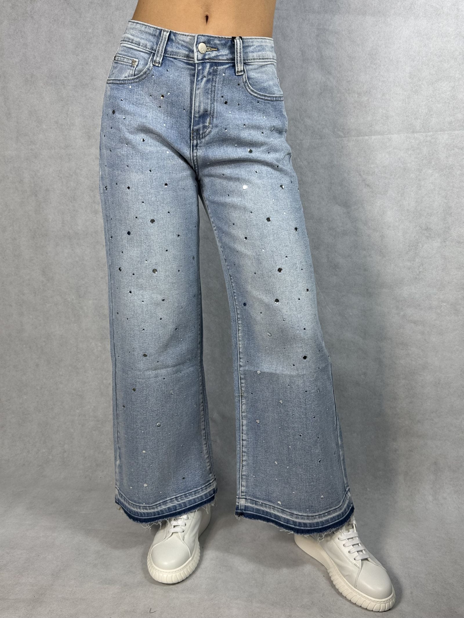 Jeans vita alta e gamba larga con strass JF265 DENIM OFELIA 