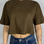 T- shirt girocollo con strass L8586 CIOCCOLATO OFELIA 