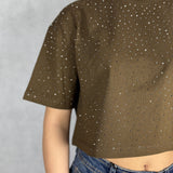 T- shirt girocollo con strass L8586 CIOCCOLATO OFELIA 