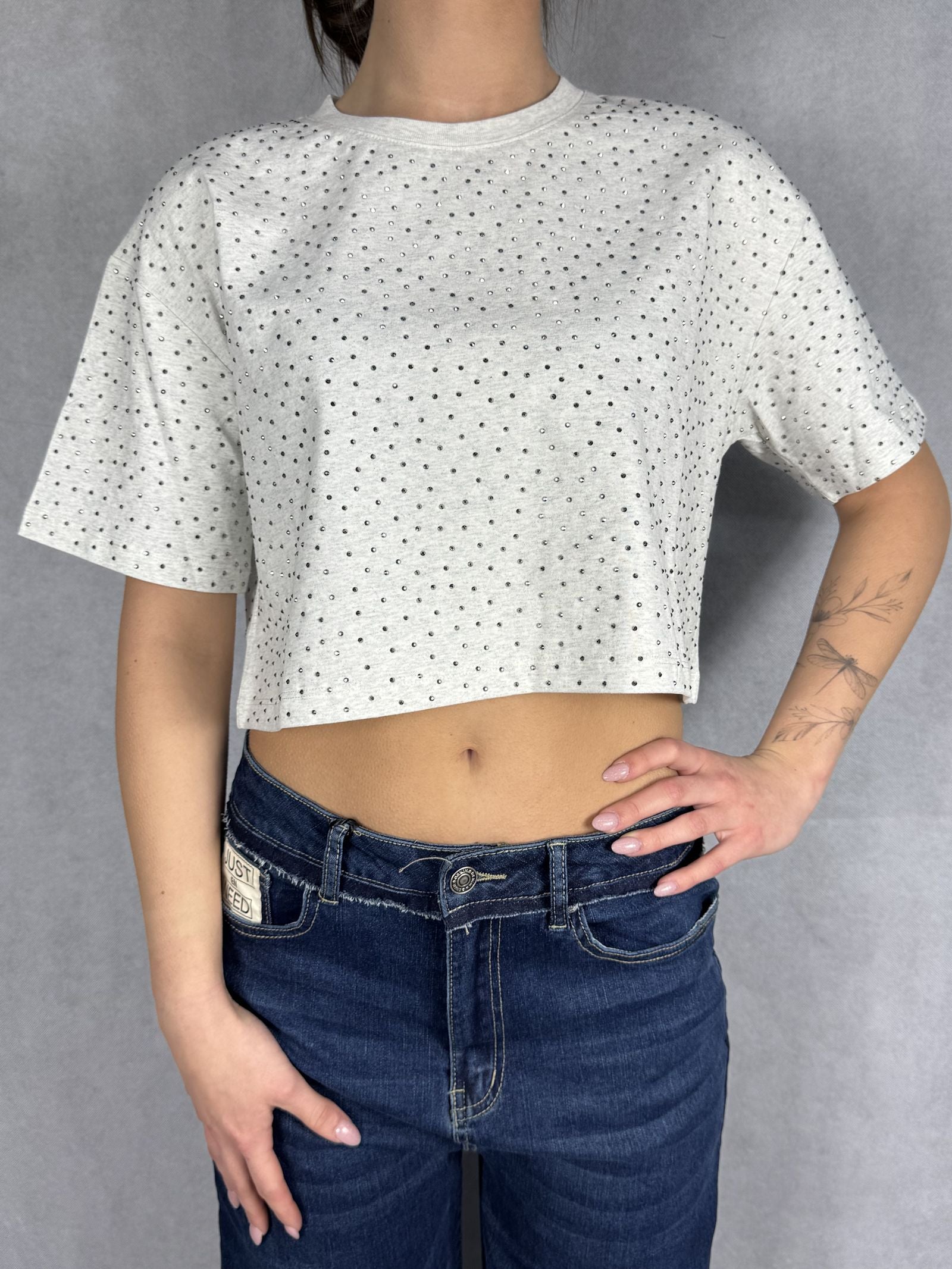 T- shirt girocollo con strass L8586 MELANGE OFELIA 