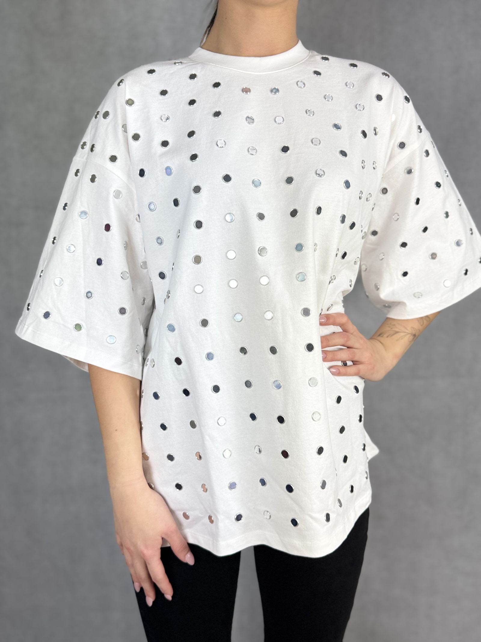 T- shirt mezze maniche con specchietti LC240339 BIANCO OFELIA 