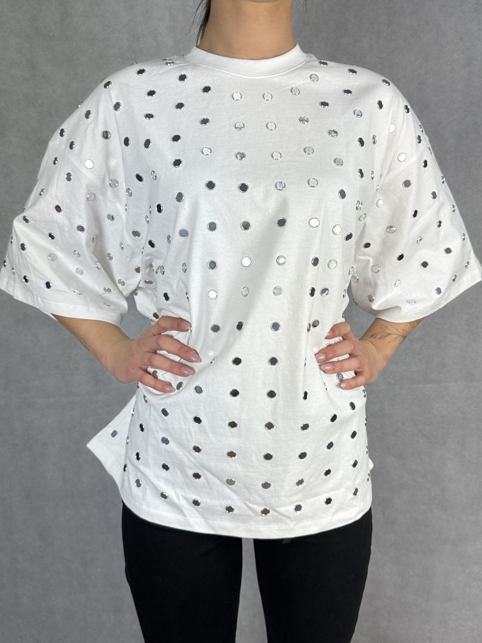 T- shirt mezze maniche con specchietti LC240339 BIANCO OFELIA 