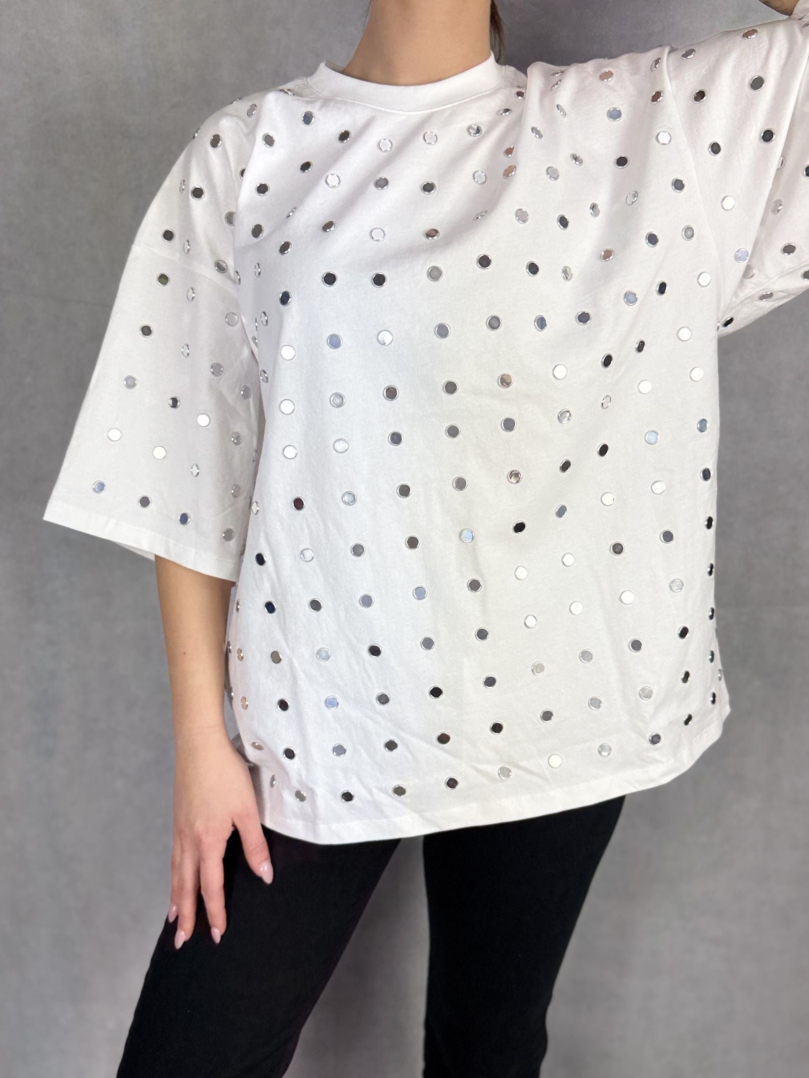 T- shirt mezze maniche con specchietti LC240339 BIANCO OFELIA 