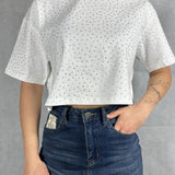 T- shirt corta girocollo con strass LC240341 BIANCO OFELIA 