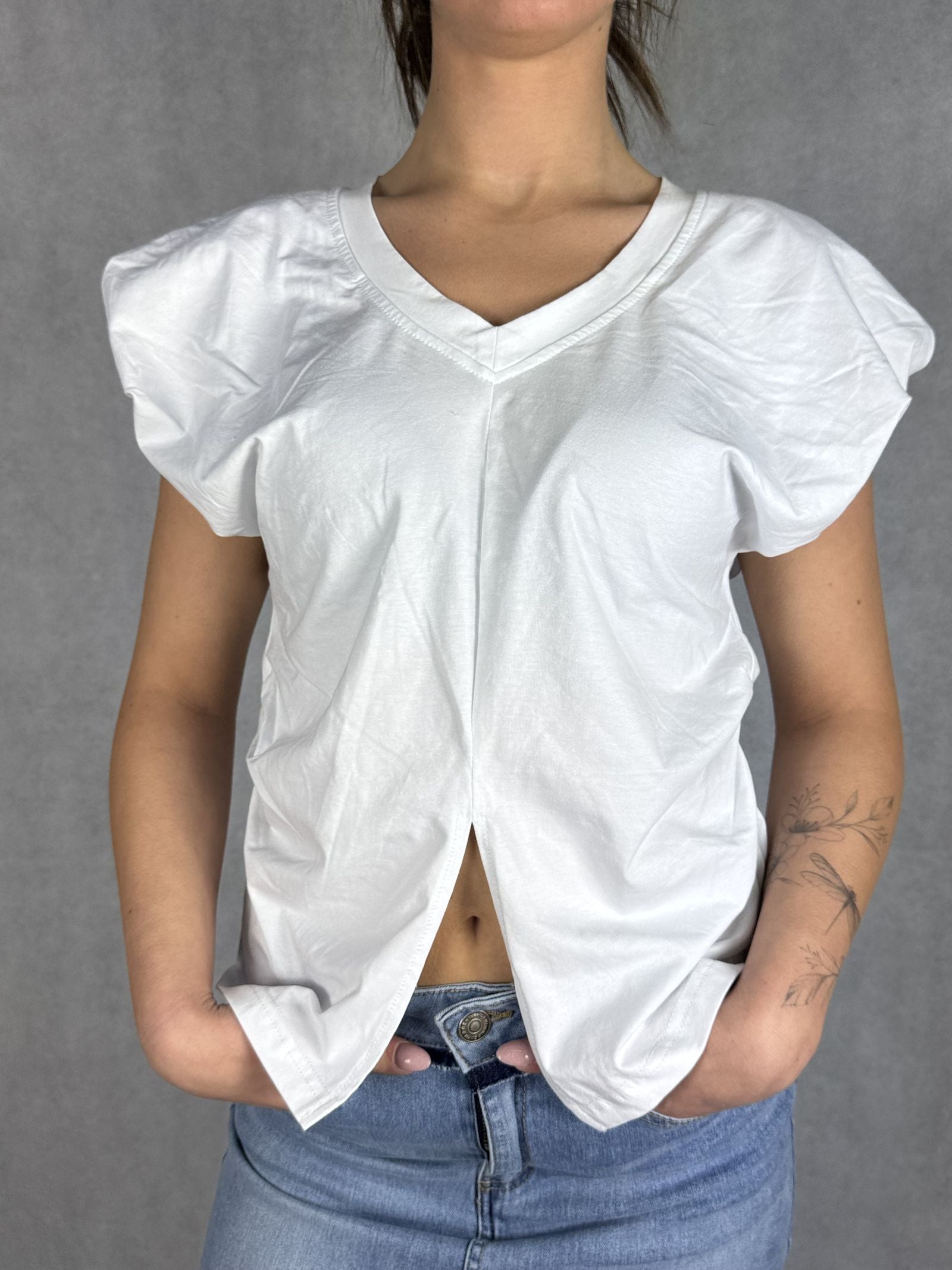 T- shirt scollo a V con manica a sbuffo OY6199 BIANCO OFELIA 