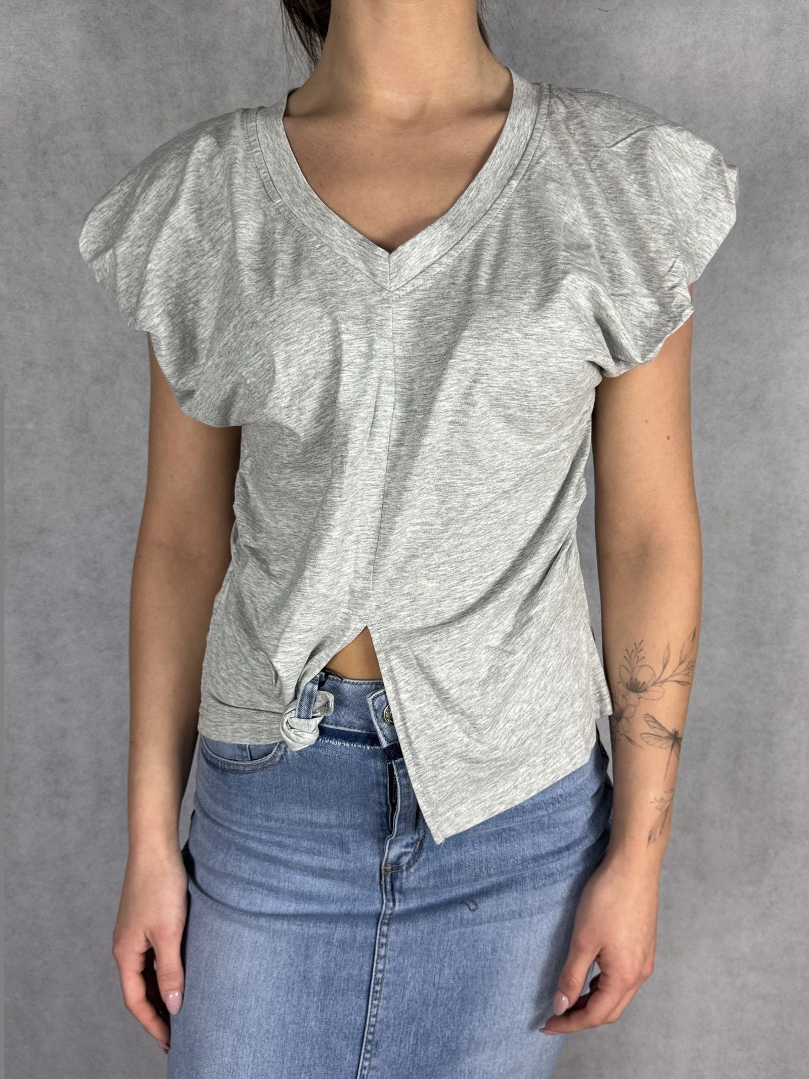 T- shirt scollo a V con manica a sbuffo OY6199 GRIGIO OFELIA 