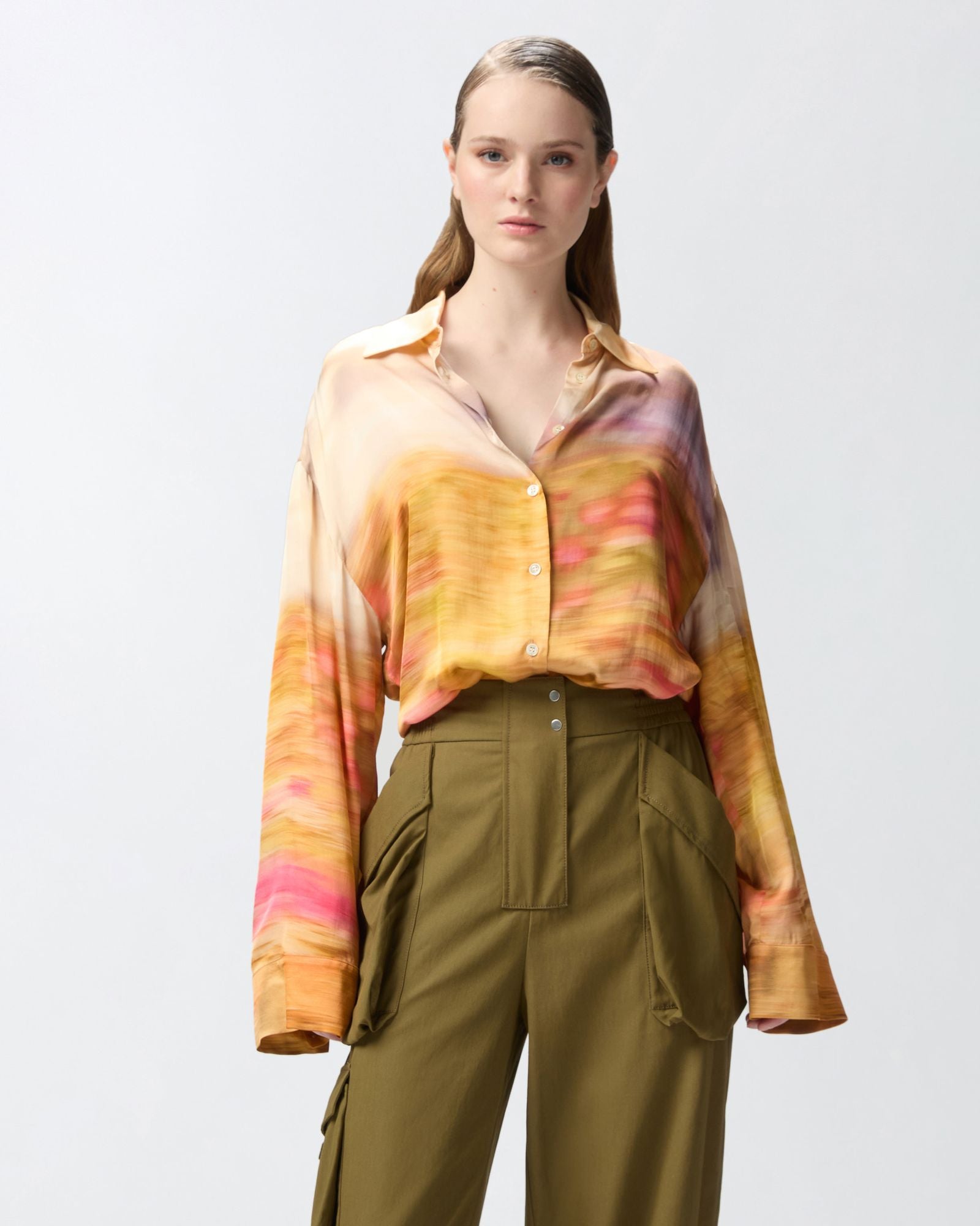 Camicia in satin stampa paesaggio 104864-A2G0 CN4 PINKO 