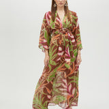 Abito lungo kimono con stampa foglie