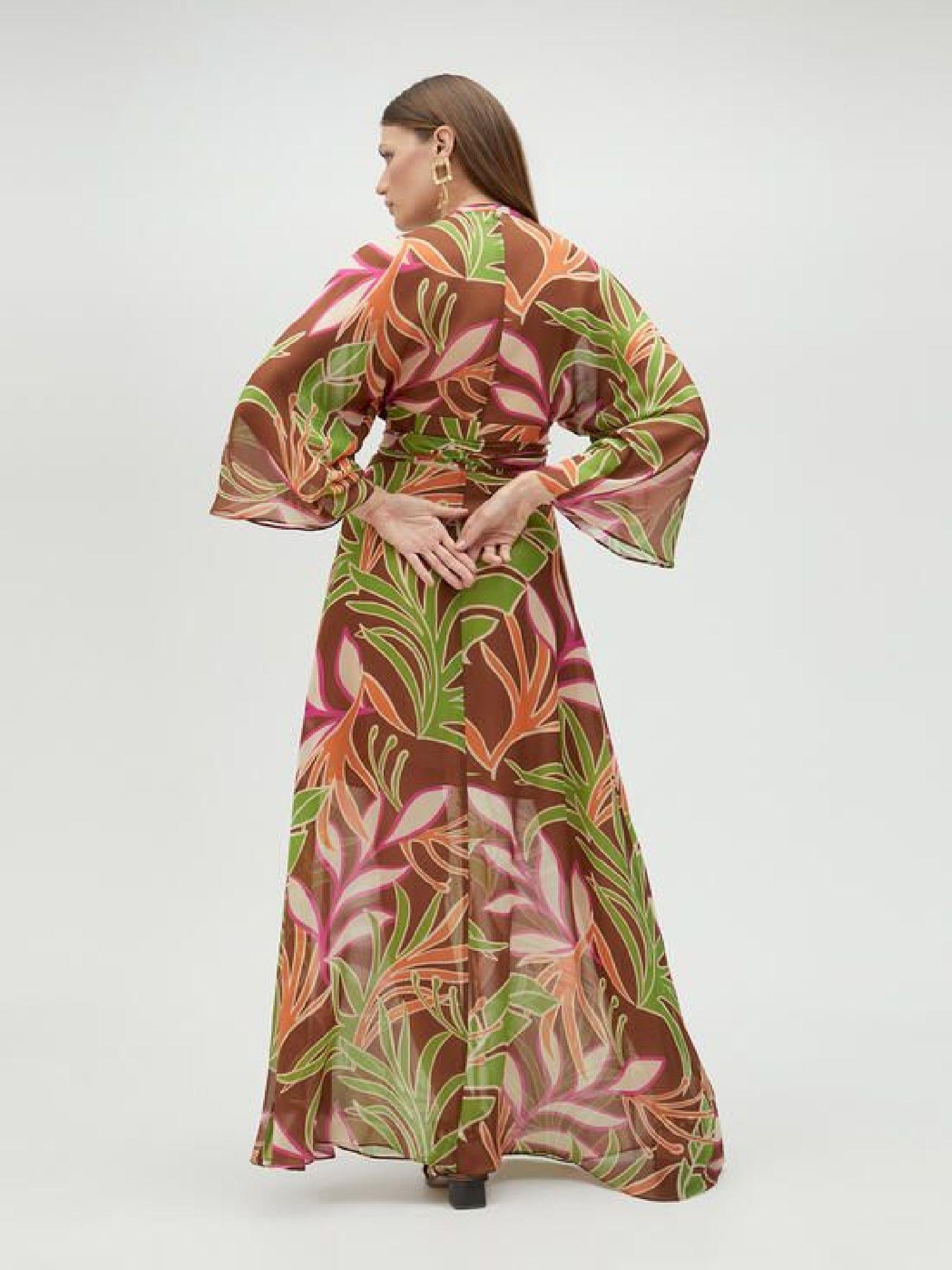 Abito lungo kimono con stampa foglie MS2516021 256 MAITE 