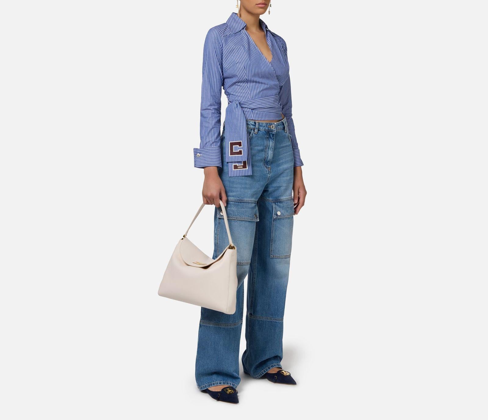 Camicia in popeline rigato con fusciacca ricamata CAS744E3 CL7 ELISABETTA FRANCHI 