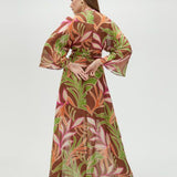 Abito lungo kimono con stampa foglie
