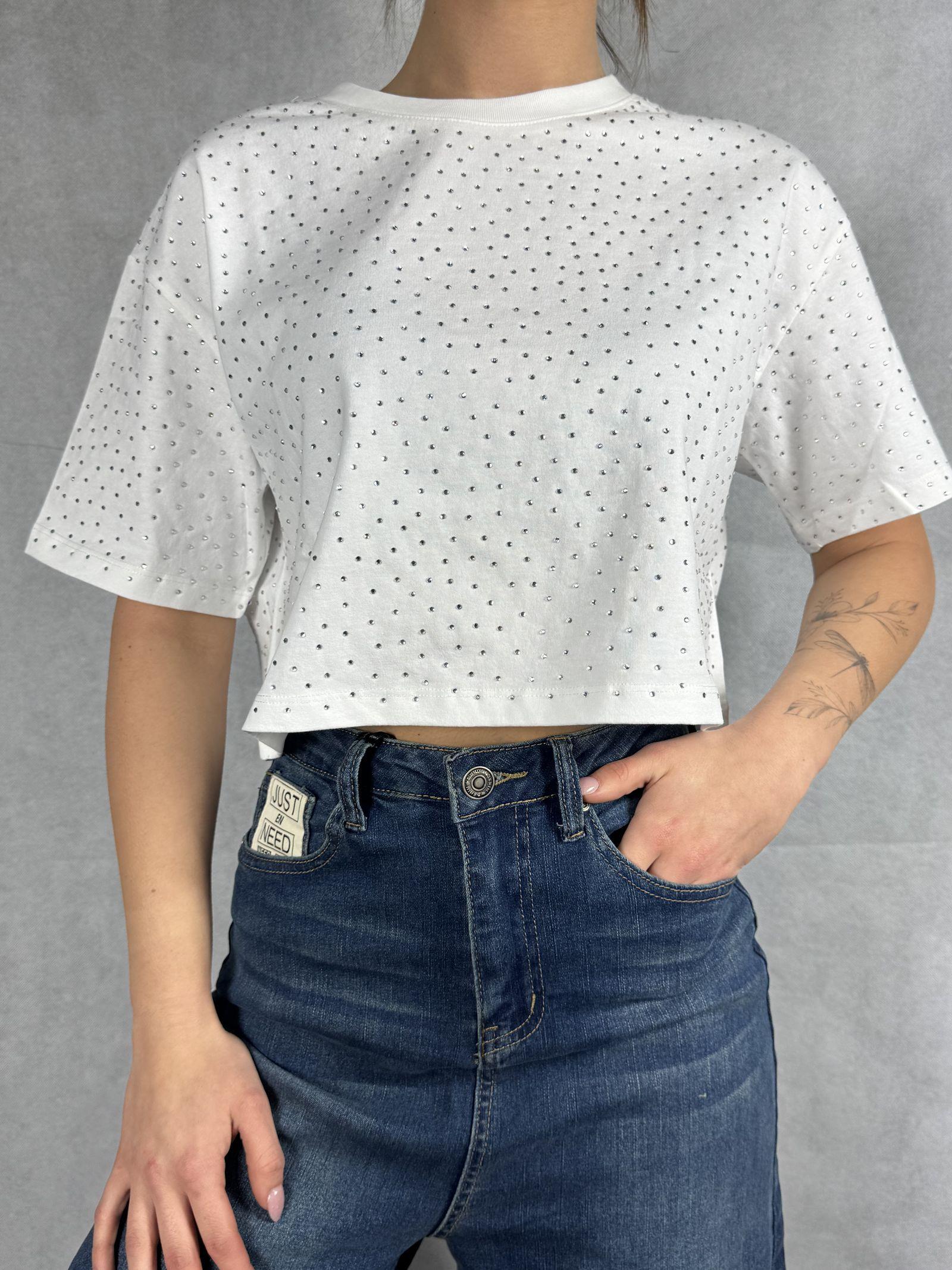 T- shirt corta girocollo con strass LC240341 BIANCO OFELIA 