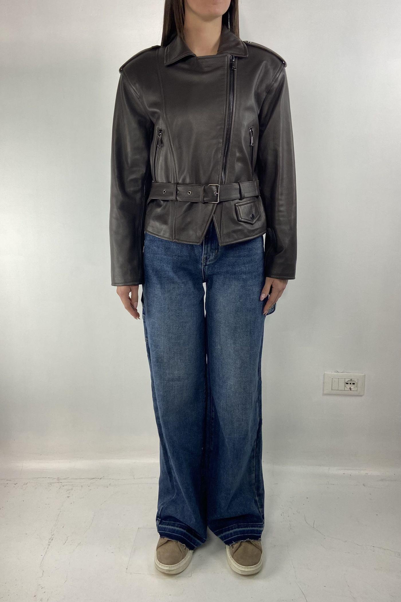 Giubbotto chiodo in pelle P104 NERO OFELIA 