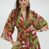 Abito lungo kimono con stampa foglie
