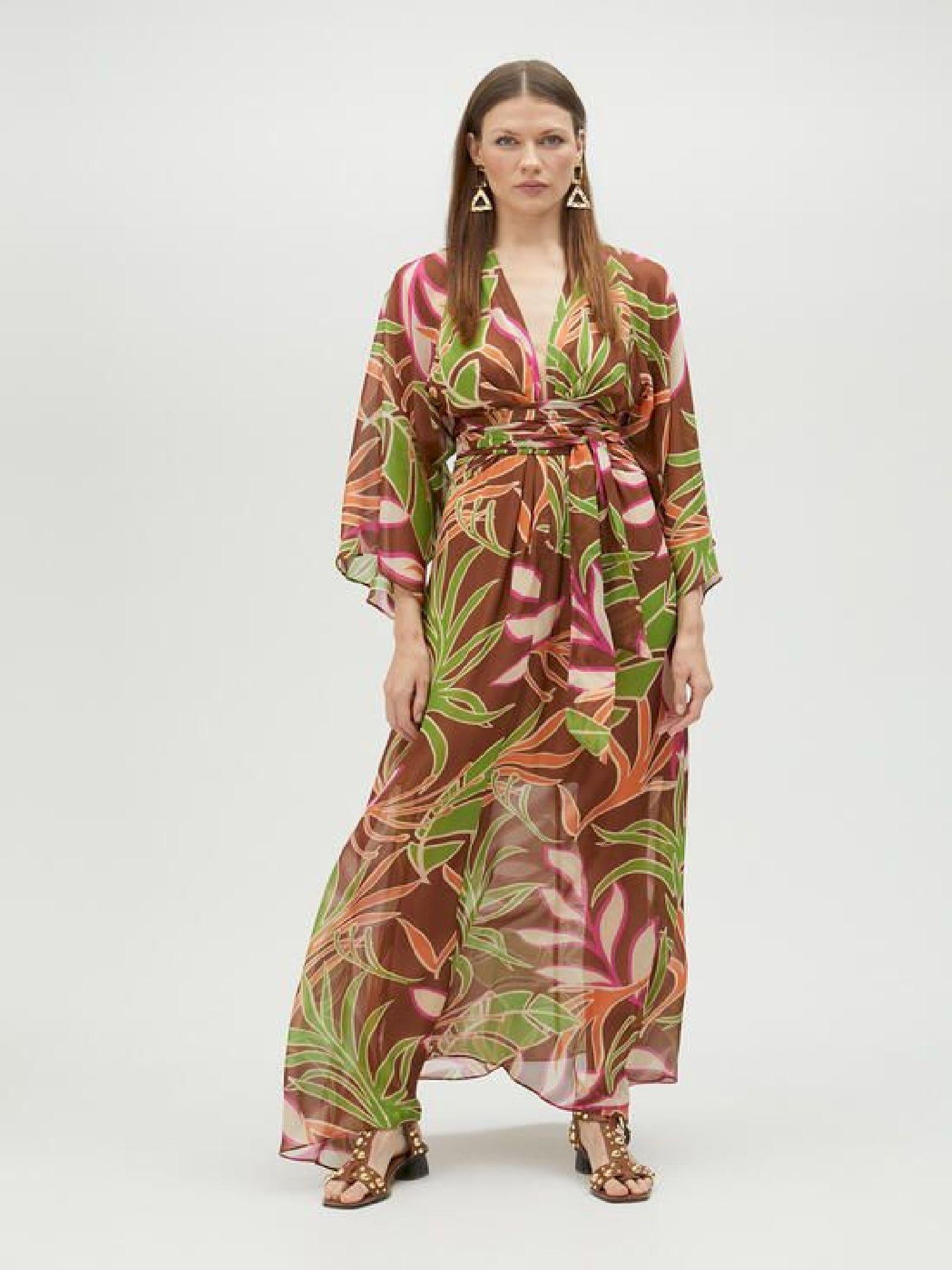 Abito lungo kimono con stampa foglie MS2516021 256 MAITE 