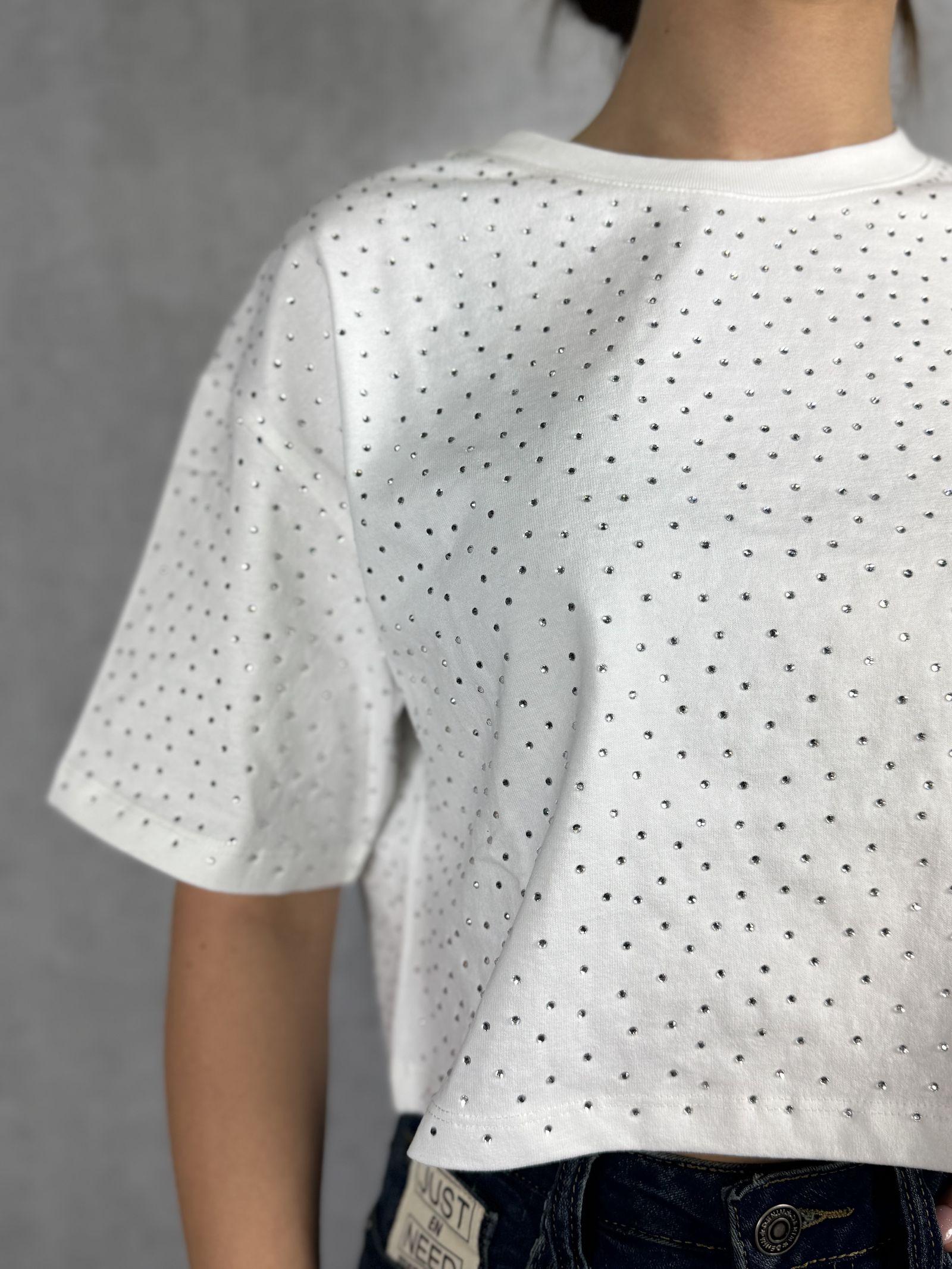 T- shirt corta girocollo con strass LC240341 BIANCO OFELIA 